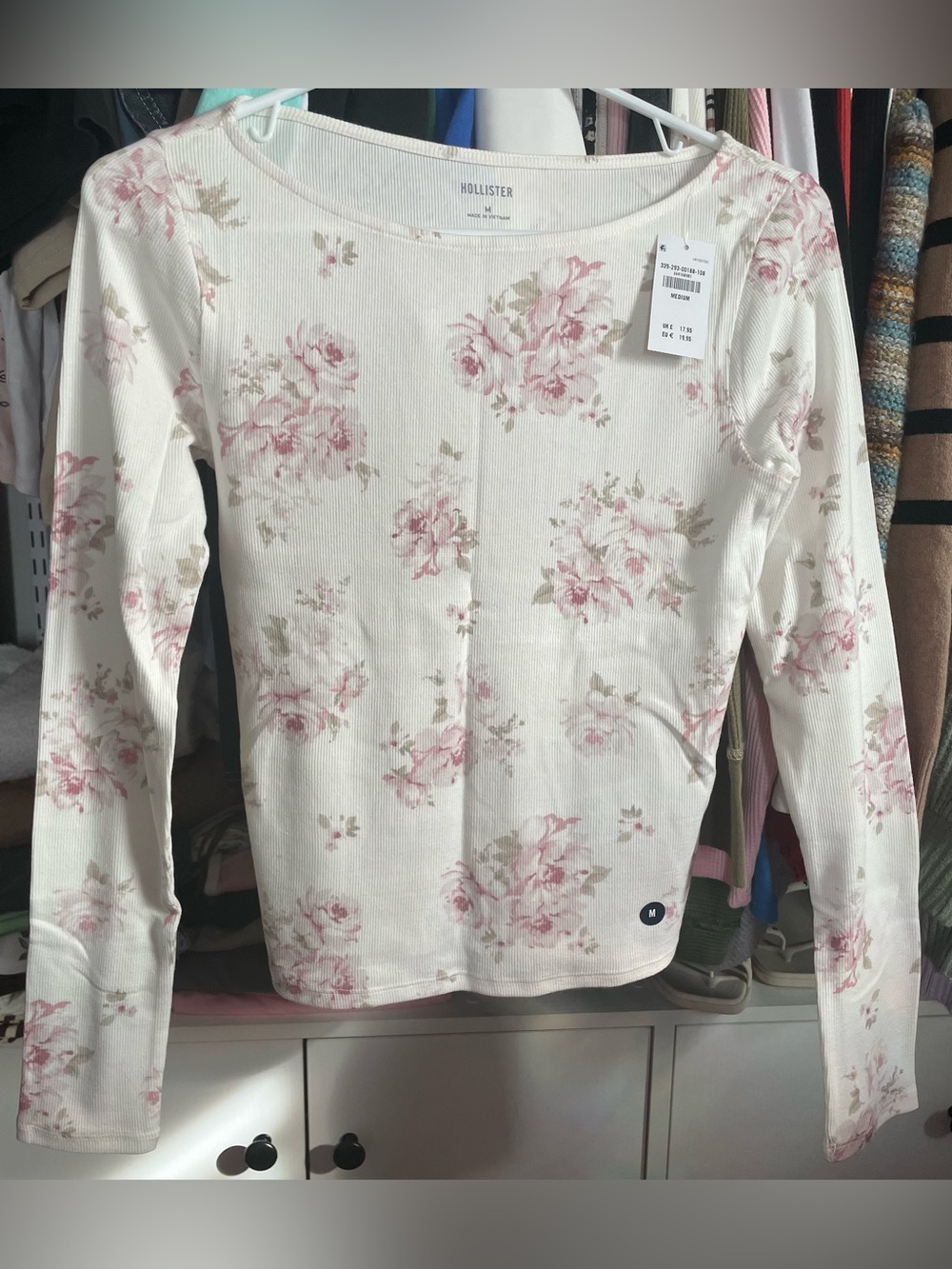 Hollister Ribbed Long Sleeve Top with Pink Floral Print